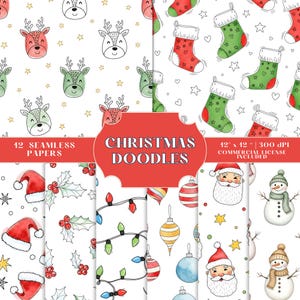 Könnte beinhalten: Eine Sammlung von 12 nahtlosen Papieren zum Thema Weihnachten. Die Designs umfassen Rentiere, Strümpfe, Weihnachtsmützen, Stechpalmen, Lichterketten, Ornamente, Weihnachtsmänner und Schneemänner. Der Text "Christmas Doodles".