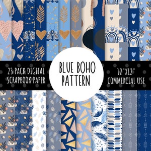 Paquete de papel digital de diseño Boho azul, Boho abstracto, fondo Boho, kit de papel de álbum de recortes digital, uso comercial, 12x12 300 DPI