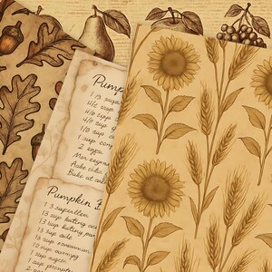 Puede incluir: Un collage de papeles de estilo vintage con ilustraciones bot&aacute;nicas y recetas manuscritas. Los dise&ntilde;os incluyen girasoles, trigo, bellotas, hojas de roble y frutas. La paleta de colores es c&aacute;lida, con tonos marrones y beige.
