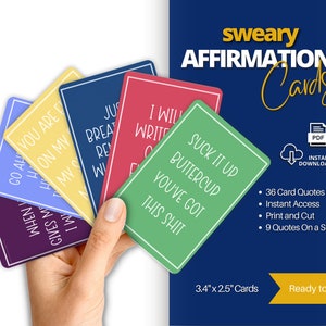 Jeu de cartes d'affirmation de soi, 36 citations rigolotes au quotidien pour femmes, cartes de motivation pour prendre soin de soi et être positif – PDF imprimable