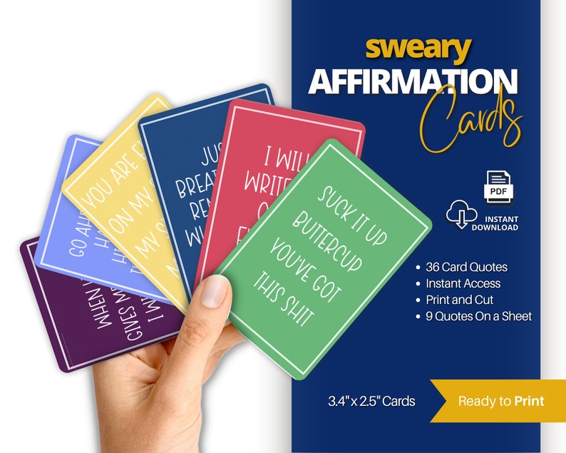 Baraja de cartas de afirmaciones con groserías, 36 frases divertidas y geniales para mujeres, tarjetas de motivación para el autocuidado y la positividad (PDF imprimible) imagen 1