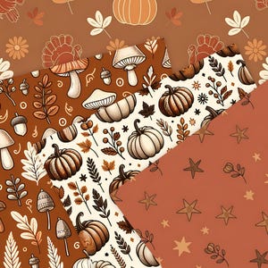 May include: A selection of autumn-themed patterned papers. The designs feature pumpkins, mushrooms, leaves, acorns, and stars in shades of brown, orange, and cream. The papers are arranged in a layered, diagonal composition.