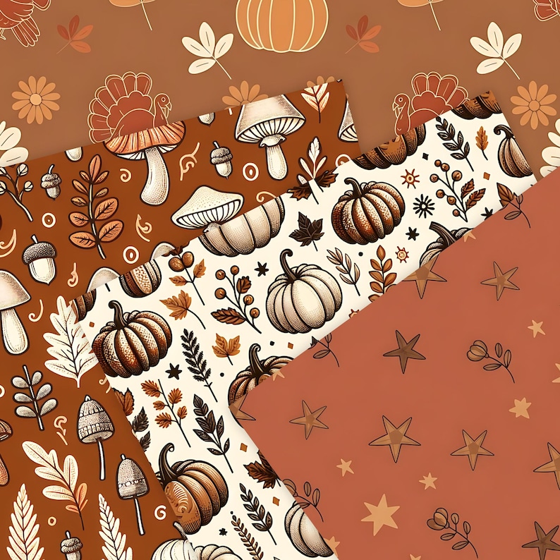 May include: A selection of autumn-themed patterned papers. The designs feature pumpkins, mushrooms, leaves, acorns, and stars in shades of brown, orange, and cream. The papers are arranged in a layered, diagonal composition.