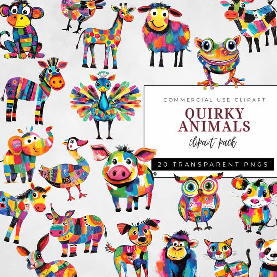 Colorful Quirky Animals Clipart Bundle: Farm & Safari PNG Graphics (Commercial Use)