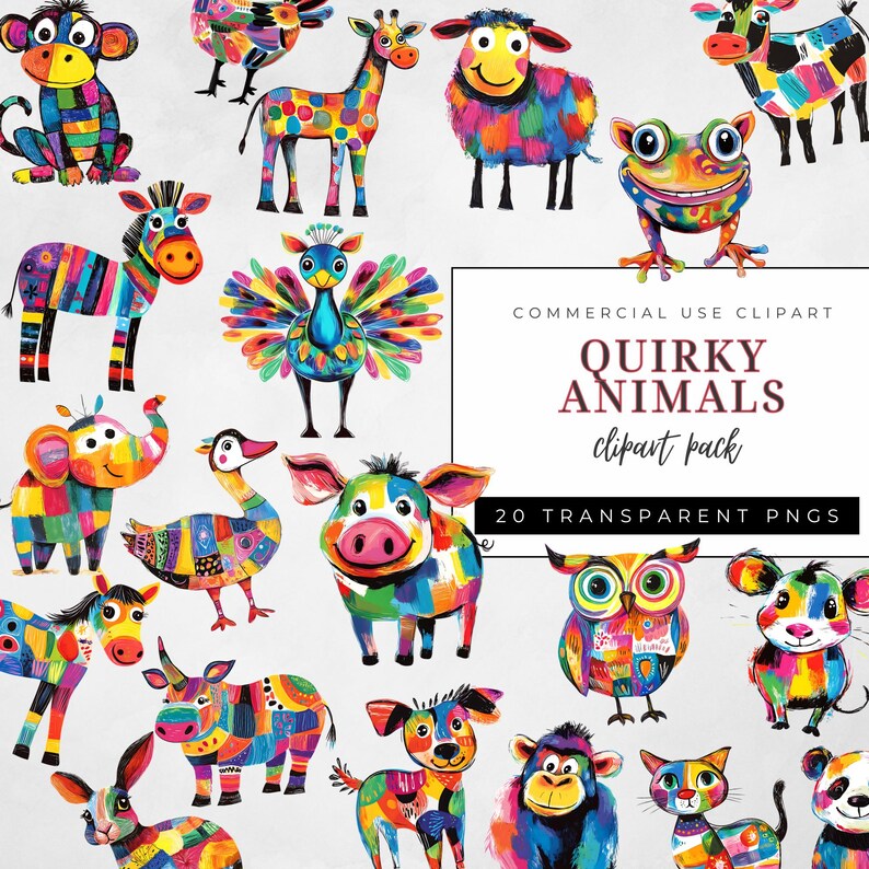 Puede incluir: Un conjunto de 20 ilustraciones de animales extravagantes en un estilo abstracto y colorido. Los animales est&aacute;n dibujados con l&iacute;neas audaces y colores brillantes, y cada uno tiene una personalidad &uacute;nica. Las ilustraciones son perfectas para agregar un toque de capricho a cualquier proyecto.