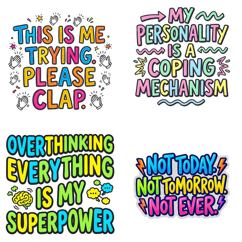 May include: Four colorful stickers with humorous phrases. The first says "THIS IS ME TRYING PLEASE CLAP." The second says "MY PERSONALITY IS A COPING MECHANISM." The third says "OVERTHINKING EVERYTHING IS MY SUPERPOWER." The fourth says "NOT TODAY, NOT TOMORROW, NOT EVER."
