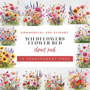 15 cliparts de parterre de fleurs de prairie de fleurs sauvages, fleurs sauvages aquarelle PNG, créations en papier, Nature florale d'été, tournesol, tulipes, usage Commercial