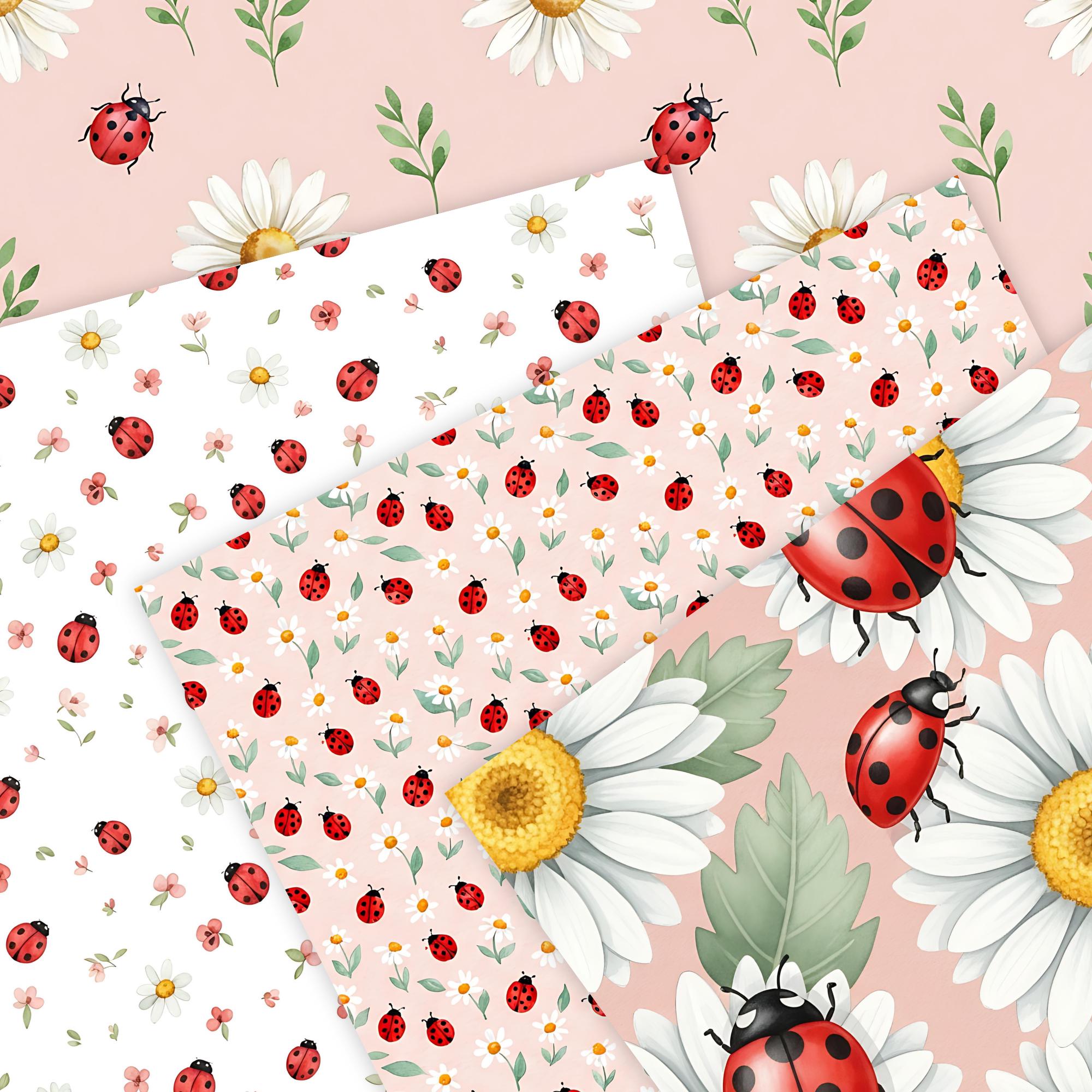 Ladybug Daisy Floral Seamless Pattern Bundle, Spring Bug Digital ...