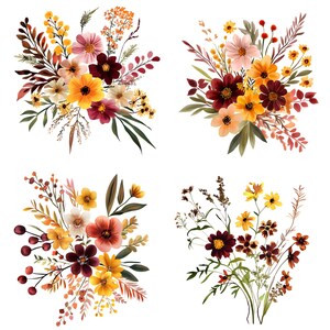 May include: Four watercolor floral arrangements on a white background. Each arrangement features a variety of flowers in shades of yellow, orange, burgundy, and pink, with green foliage and brown stems. The flowers are arranged in a loose, natural style.