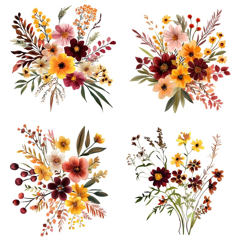 May include: Four watercolor floral arrangements on a white background. Each arrangement features a variety of flowers in shades of yellow, orange, burgundy, and pink, with green foliage and brown stems. The flowers are arranged in a loose, natural style.