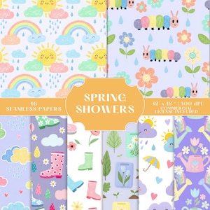 Puede incluir: Una colección de 16 papeles sin costuras con temática de primavera. Los diseños presentan arcoíris, soles sonrientes, gotas de lluvia y orugas coloridas. Otros patrones incluyen botas de agua, flores y regaderas. El texto "Spring Showers" se muestra en una pancarta naranja.