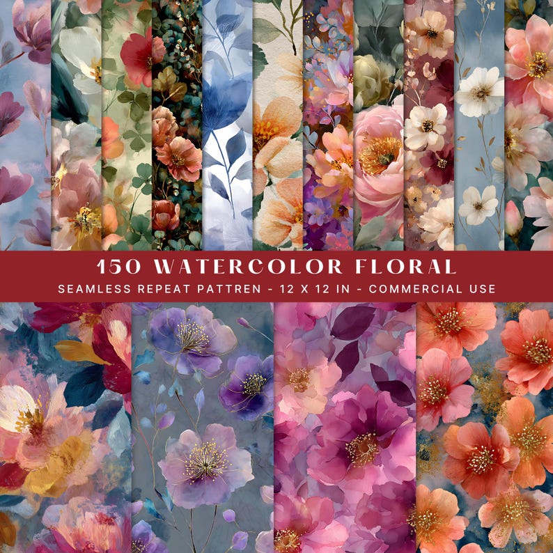 May include: A selection of 150 watercolour floral seamless repeat patterns. The patterns showcase a variety of colourful flowers in shades of pink, purple, orange, and blue. The patterns are 30.48 x 30.48 cm and are for commercial use.