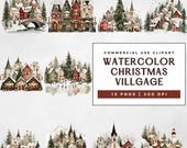 Christmas Village Watercolor Clipart Bundle, 15 PNG Scenes, Festive Christmas Town, Christmas Card Art, Commercial Use