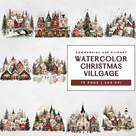 Christmas Village Watercolor Clipart Bundle, 15 PNG Scenes, Festive Christmas Town, Christmas Card Art, Commercial Use