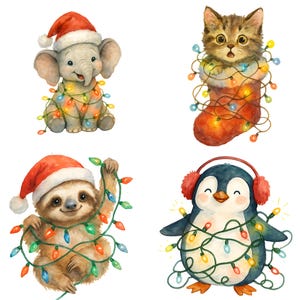 May include: Watercolour illustrations of Christmas animals: an elephant, a cat in a stocking, a sloth, and a penguin. Each animal wears a Santa hat and is wrapped in colourful Christmas lights. The background is white.