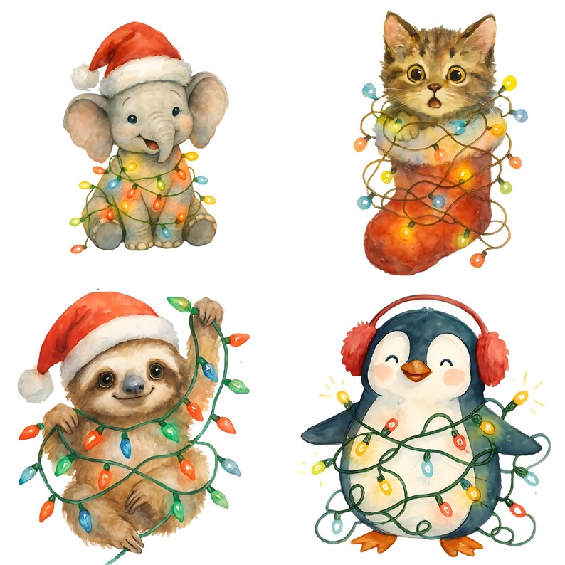 May include: Watercolour illustrations of Christmas animals: an elephant, a cat in a stocking, a sloth, and a penguin. Each animal wears a Santa hat and is wrapped in colourful Christmas lights. The background is white.