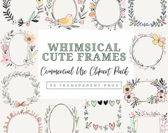 Whimsical Doodle Clipart Frames, Cute Floral Border Sublimation Graphics, Printable Photo Scrapbooking Frames, Commercial Use