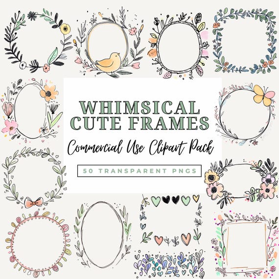 Whimsical Doodle Clipart Frames, Cute Floral Border Sublimation Graphics, Printable Photo Scrapbooking Frames, Commercial Use