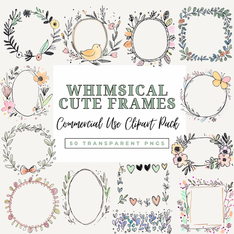 May include: A set of 50 whimsical floral frames in various shapes and sizes. The frames are hand-drawn and feature a variety of flowers, leaves, and other decorative elements. The frames are perfect for adding a touch of whimsy to your projects.