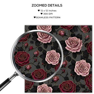 May include: A seamless pattern featuring roses in shades of burgundy and blush pink, with black leaves and stems, set against a gray background. The design is 12 x 12 inches and 300 DPI.