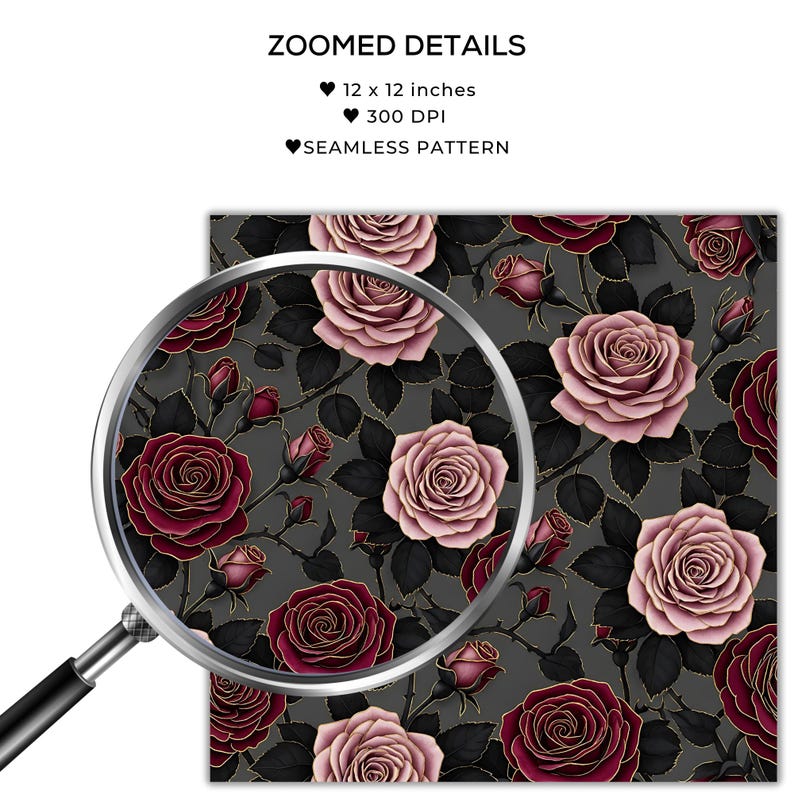 May include: A seamless pattern featuring roses in shades of burgundy and blush pink, with black leaves and stems, set against a gray background. The design is 12 x 12 inches and 300 DPI.