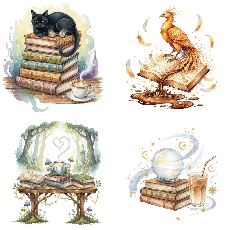 May include: Watercolor illustrations of books, coffee, and fantasy elements. A black cat with glasses sits atop a stack of books. A phoenix perches on an open book. A table with books and a teacup in a forest. A crystal ball and iced coffee.