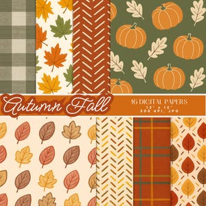 Autumn Fall Digital Paper Pack, Pumpkin & Leaf Seamless Patterns, Plaid And Harvest Prints, Thanksgiving Backgrounds, 12x12, Commercial Use