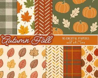 Autumn Fall Digital Paper Pack, Pumpkin & Leaf Seamless Patterns, Plaid And Harvest Prints, Thanksgiving Backgrounds, 12x12, Commercial Use