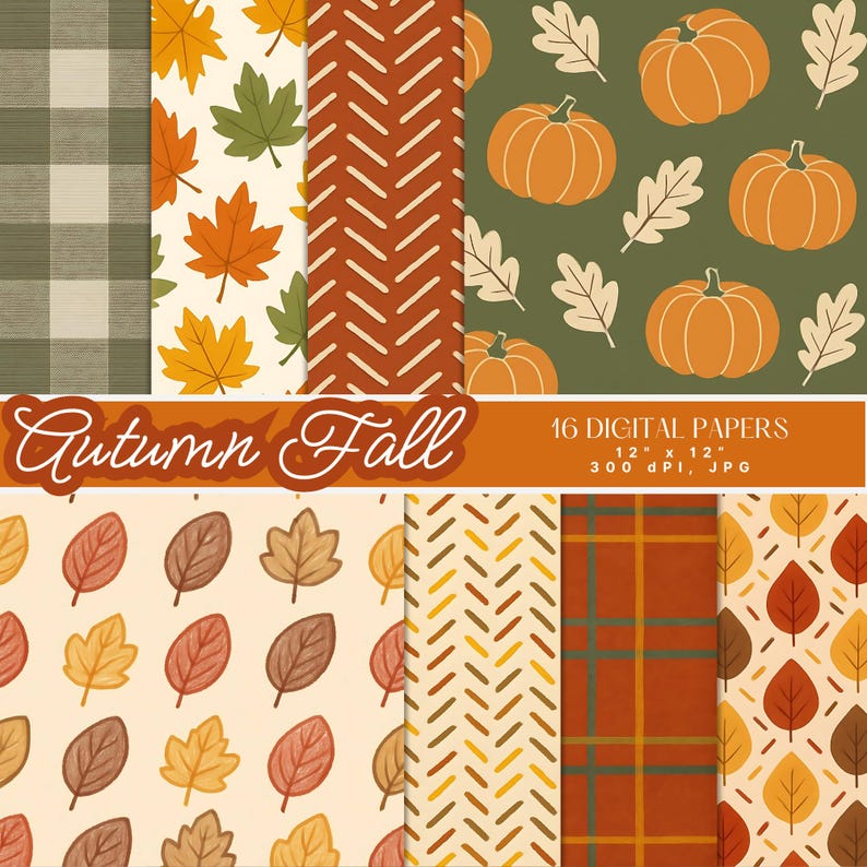 K&ouml;nnte beinhalten: Eine Sammlung von 16 digitalen Papieren mit herbstlichen Mustern. Designs umfassen K&uuml;rbisse, Bl&auml;tter, Karomuster und Fischgr&auml;tenmuster in Orange-, Gr&uuml;n- und Braunt&ouml;nen. Der Text "Autumn Fall" ist in einer dekorativen Schriftart dargestellt.