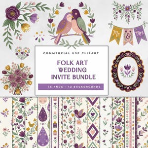 May include: A collection of folk art wedding graphics, including floral arrangements, lovebirds, banners, and patterned backgrounds. The text reads "FOLK ART WEDDING INVITE BUNDLE" with details about the number of PNGs and backgrounds.