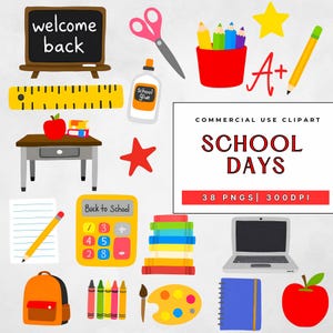 Lot de cliparts pour la rentrée, Fournitures scolaires couleurs primaires, Crayons mignons, livres, crayons de couleur, graphismes png pour sublimation, POD, usage commercial