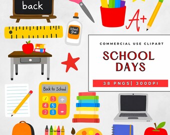 Tillbaka till skolan Clipart-paket: Skolmaterial i primärfärg (PNG, kommersiellt bruk)
