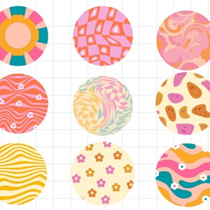 May include: Nine colorful circles with different patterns, including swirls, stripes, checkered, and floral designs. The circles are on a white background with a grid pattern.