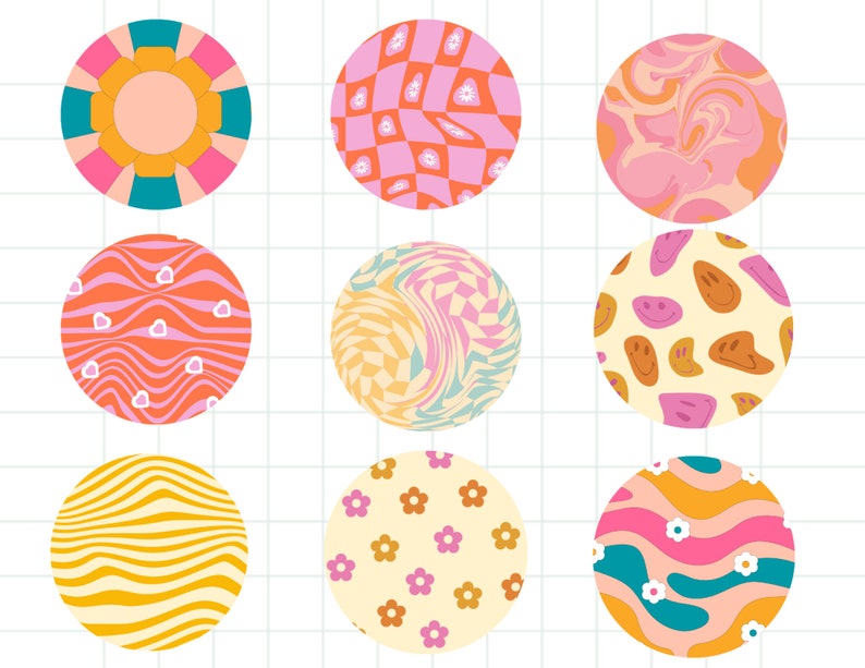 May include: Nine colorful circles with different patterns, including swirls, stripes, checkered, and floral designs. The circles are on a white background with a grid pattern.