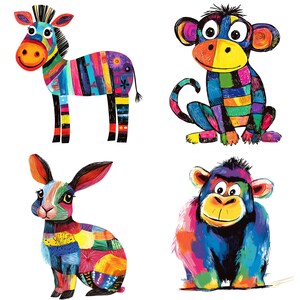 Puede incluir: Una ilustraci&oacute;n colorida de cuatro animales: una cebra, un mono, un conejo y un gorila. Cada animal est&aacute; dibujado en un estilo vibrante y abstracto con una mezcla de colores y patrones.