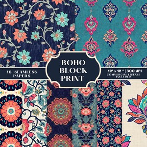 Puede incluir: Una colección de 16 papeles de impresión de bloques boho sin costuras. Los diseños presentan patrones florales en tonos de turquesa, coral y azul marino. La imagen incluye el texto "BOHO BLOCK PRINT" y "12" x 12" | 300 DPI COMMERCIAL LICENSE INCLUDED.