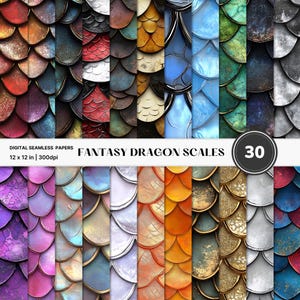 以下が含まれることがあります： 30種類のデジタルシームレスペーパーパターンは、さまざまな色とテクスチャのドラゴン鱗を特徴としています。各パターンは12インチ×12インチ、300dpiです。パターンには、青、緑、金、赤、紫、白の鱗が含まれています。