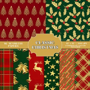 Op de afbeelding: Een verzameling van 16 naadloze kerstpapieren met verschillende patronen. Ontwerpen omvatten gouden bomen, hulst, ruitjes, bellen, rendieren en sterren. De papieren zijn in rood en groen met gouden accenten. De tekst "CLASSIC CHRISTMAS" wordt weergegeven.