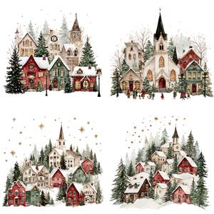 K&ouml;nnte beinhalten: Aquarellillustrationen von malerischen Winterd&ouml;rfern mit schneebedeckten D&auml;chern, immergr&uuml;nen B&auml;umen und funkelnden Lichtern. Die Bilder zeigen charmante H&auml;user, Kirchen und einen Glockenturm und evozieren eine festliche Atmosph&auml;re.