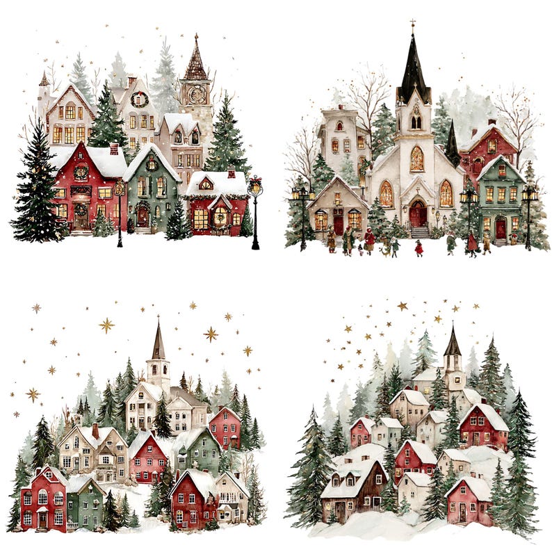 K&ouml;nnte beinhalten: Aquarellillustrationen von malerischen Winterd&ouml;rfern mit schneebedeckten D&auml;chern, immergr&uuml;nen B&auml;umen und funkelnden Lichtern. Die Bilder zeigen charmante H&auml;user, Kirchen und einen Glockenturm und evozieren eine festliche Atmosph&auml;re.