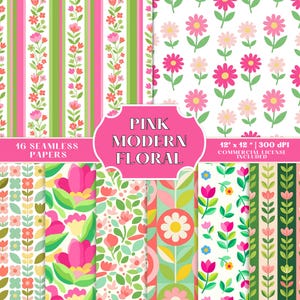 May include: A collection of 16 seamless papers with pink and green floral patterns. Designs include stripes, floral arrangements, and daisy patterns. The text on the image reads "Pink Modern Floral" and "12" x 12" | 300 DPI COMMERCIAL LICENSE INCLUDED."