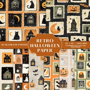 Op de afbeelding: Een verzameling naadloze papieren met Halloween-thema. De ontwerpen bevatten illustraties van spookhuizen, zwarte katten, pompoenen, geesten en manen. De tekst op de afbeelding luidt "Retro Halloween Paper" en "10 Seamless Papers". De papieren zijn 30,48 cm x 30,48 cm groot.