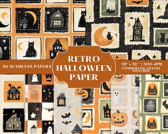 Sömlöst digitalt papperspaket med retro Halloween, spökkatt-pumpamönster i vintagestil, 12x12” JPG, kommersiellt bruk