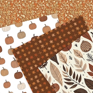 May include: A selection of autumn-themed patterned papers. Designs feature pumpkins, floral patterns, and leaf motifs in shades of brown, orange, and cream. Suitable for scrapbooking or craft projects.