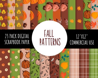 May include: A digital scrapbook paper pack with 23 fall themed patterns. The patterns include pumpkins, leaves, acorns, and plaid. The text "FALL PATTERNS" is in the center of the image. The text "23 PACK DIGITAL SCRAPBOOK PAPER" is in the top left corner. The text "12" X 12" COMMERCIAL USE" is in the top right corner.