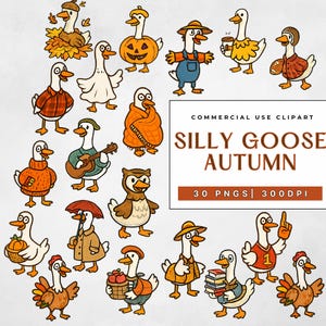 Op de afbeelding: Een verzameling cartoon ganzen in verschillende herfstthema outfits en poses. Sommige ganzen dragen hoeden, dragen pompoenen, spelen instrumenten en houden boeken vast. De afbeelding bevat de tekst "SILLY GOOSE AUTUMN" en "COMMERCIAL USE CLIPART".