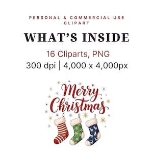 May include: A digital clipart image with the text "WHAT'S INSIDE" and "Merry Christmas". The image includes three Christmas stockings in red, green, and blue, with snowflake and star accents. The image is 4,000 x 4,000px.