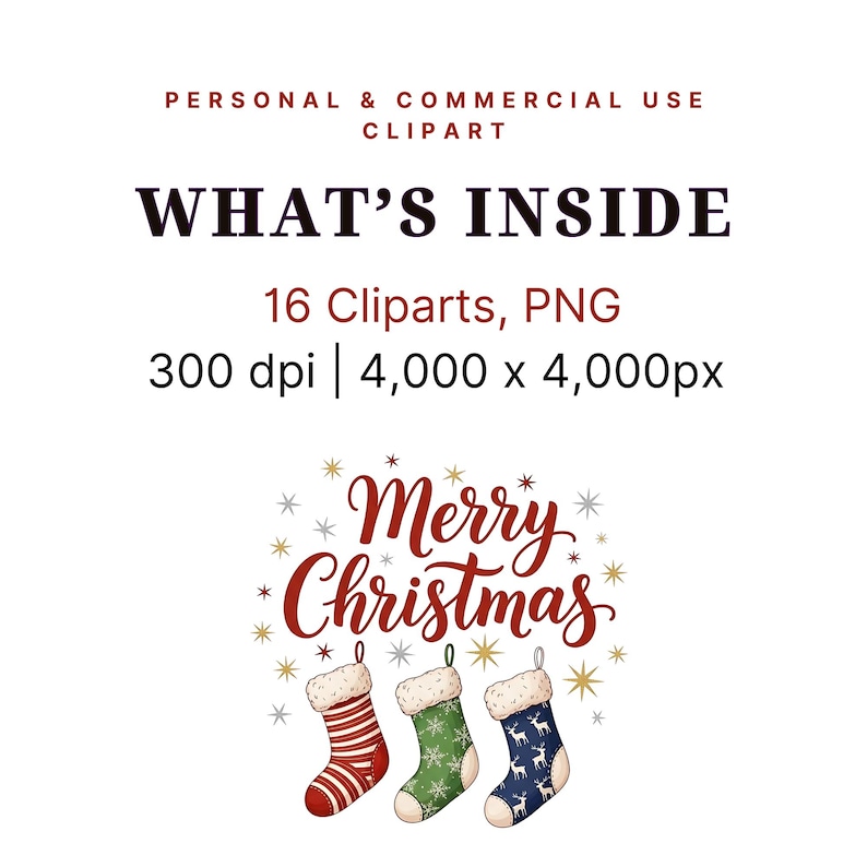May include: A digital clipart image with the text "WHAT'S INSIDE" and "Merry Christmas". The image includes three Christmas stockings in red, green, and blue, with snowflake and star accents. The image is 4,000 x 4,000px.