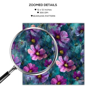 May include: A seamless pattern featuring watercolor-style cosmos flowers in shades of pink and purple, with yellow centers, set against a teal background. The image is 30.5 x 30.5 cm and 300 DPI.