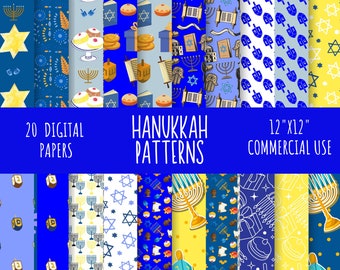 May include: 20 digital paper patterns featuring Hanukkah symbols in blue, yellow, and white. The patterns include menorahs, dreidels, stars of David, and other festive designs. The text "Hanukkah Patterns" is displayed in the center of the image.